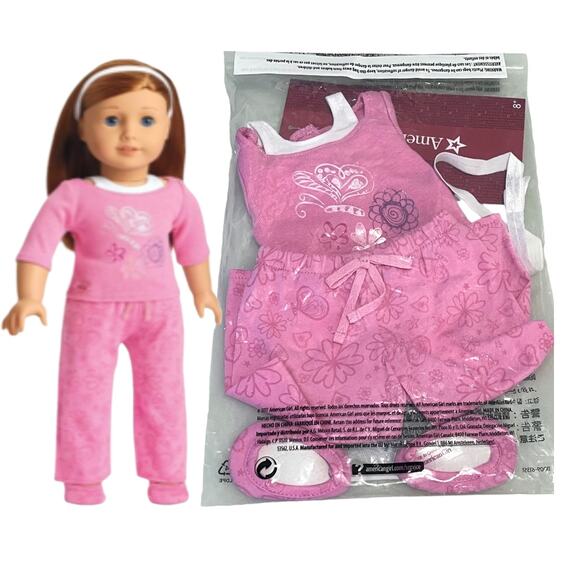 American Girl Doll Pajamas Pink Pjs Slippers Headband Long Sleeve Over Tank New - Picture 8 of 11
